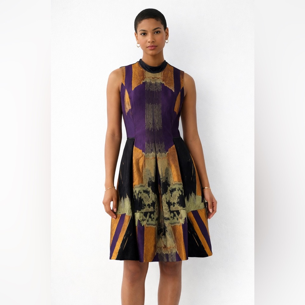 Sleeveless Purple & Gold Patterned Fit-and-Flare Midi Dress